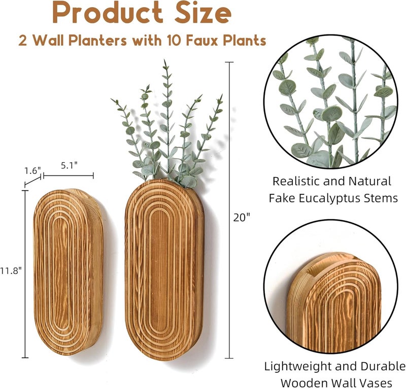 Mokof 2 Pack Carved Wood Wall Planters with Fake Eucalyptus Stems for Wall Decor - Boho Wooden Wall Art for Living Room, Bedroom, Bathroom (Brown) - Image 5
